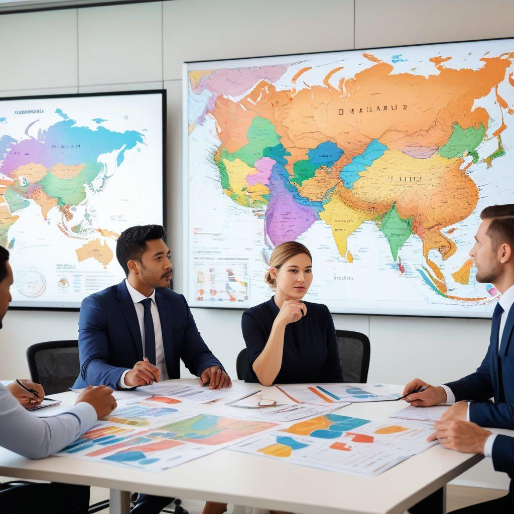 A diverse group of businesspeople reviewing insurance documents in a modern office setting, with maps of Asia and charts illustrating market trends in the background. One individual is pointing at a fraud prevention strategy on a digital screen. Warm, inviting colors emphasizing collaboration and professionalism. super-realistic. vibrant colors. white background.