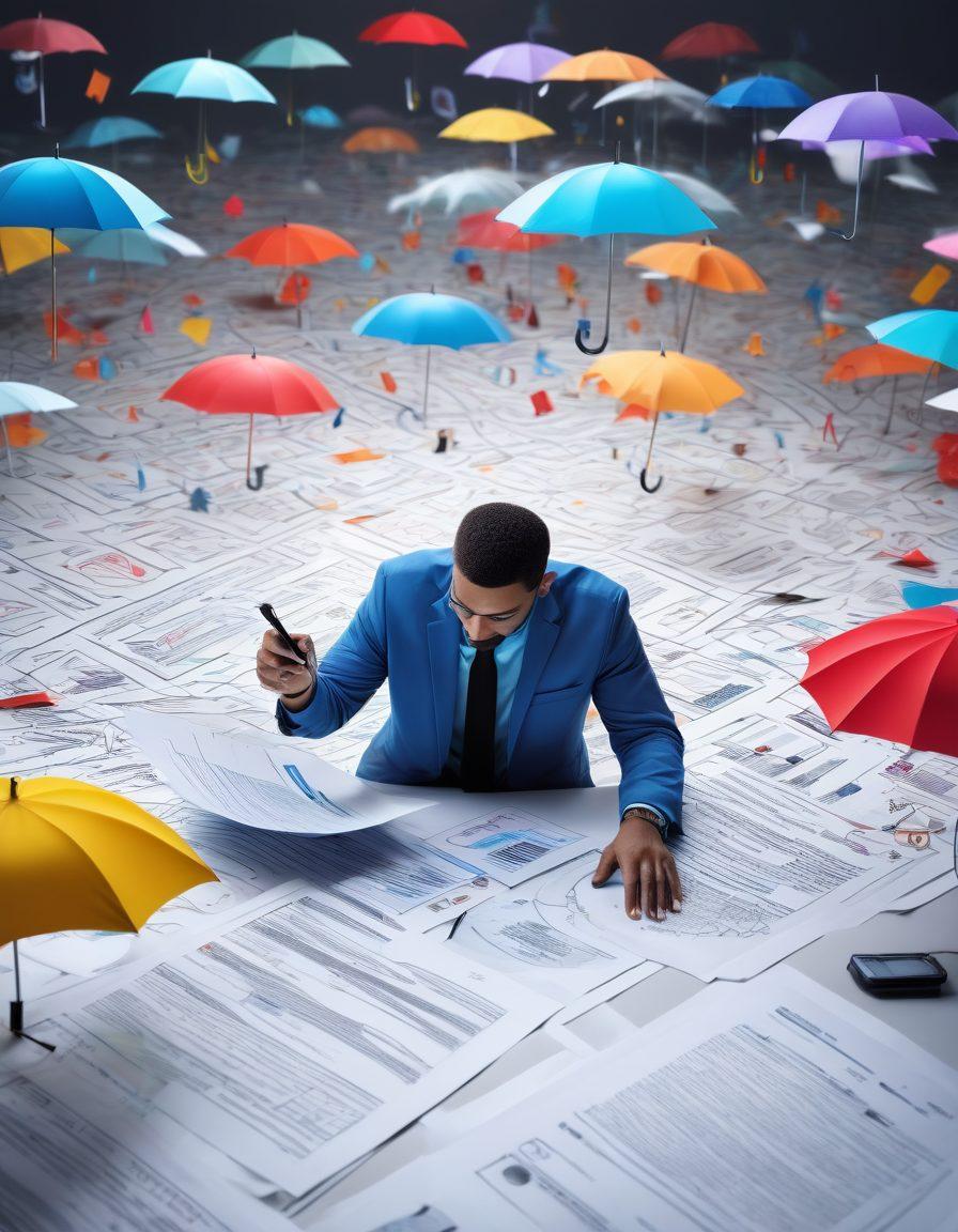 A vigilant person analyzing a maze of paperwork, with a magnifying glass focused on potential fraudulent documents, surrounded by symbols of insurance like shields and umbrellas. In the background, faint outlines of digital security elements to symbolize modern fraud prevention methods. The scene conveys a sense of caution and expertise in navigating complexities. vibrant colors. super-realistic.