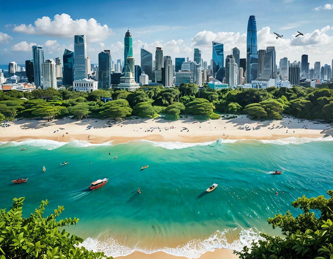 A collage depicting a serene landscape of Asia featuring a calm beach and a bustling city skyline, with elements of health insurance symbols like a stethoscope merging into travel icons such as passport and airplane. The scene should convey a harmonious blend of financial security motifs like a shield and coins integrated subtly into the natural beauty, representing peace of mind. The overall color scheme should be warm and inviting with lush greens and bright blues. super-realistic. vibrant colors. white background.